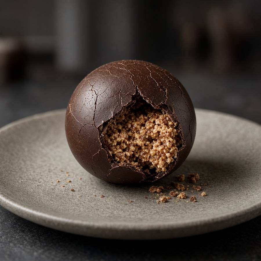 Sphère de chocolat ouverte sur un cœur praliné.