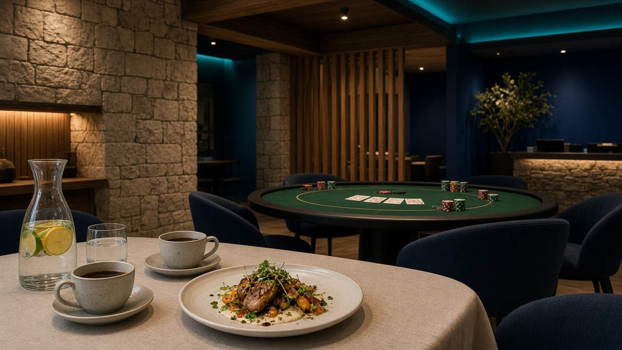 Salle de MenuEye Cafe : assiette dressée au premier plan et table de jeu verte en arrière-plan.