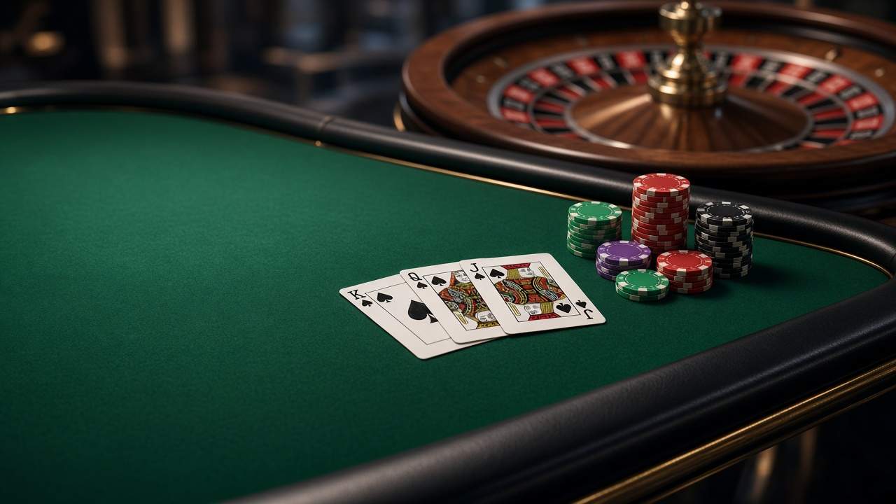 Tapis vert, cartes à jouer, jetons et roue de roulette dans le salon de MenuEye Cafe.